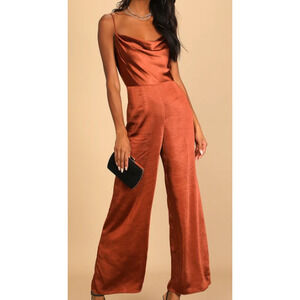 LUSH XS Perfect Night Brown Satin Cowl Neck Culotte Jumpsuit NEW b122